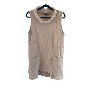 KOZAN Minimalist Cowl Neck Tunic Sleeveless Pockets Textured Casual Beige XS